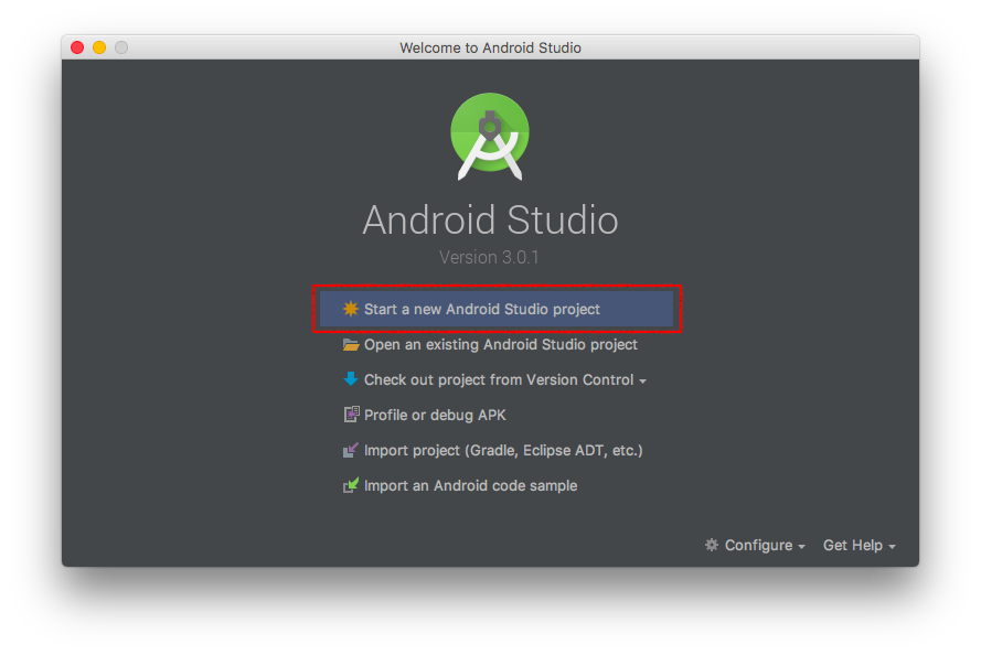 android studio startup page